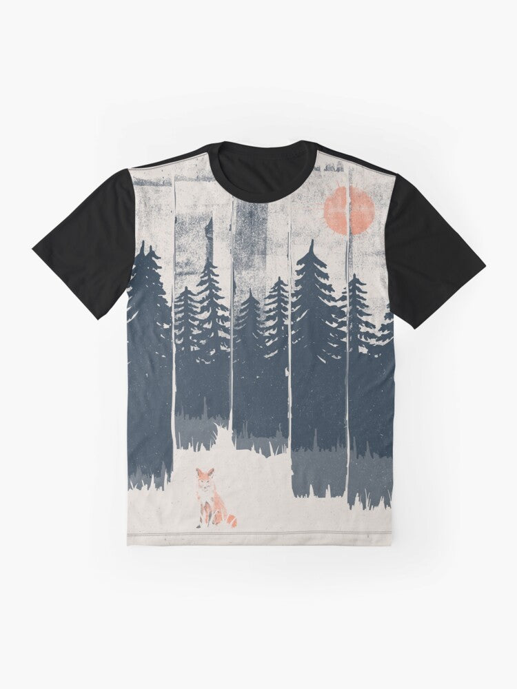 Graphic illustration of a fox in the wild, surrounded by mountains and trees - Flat lay