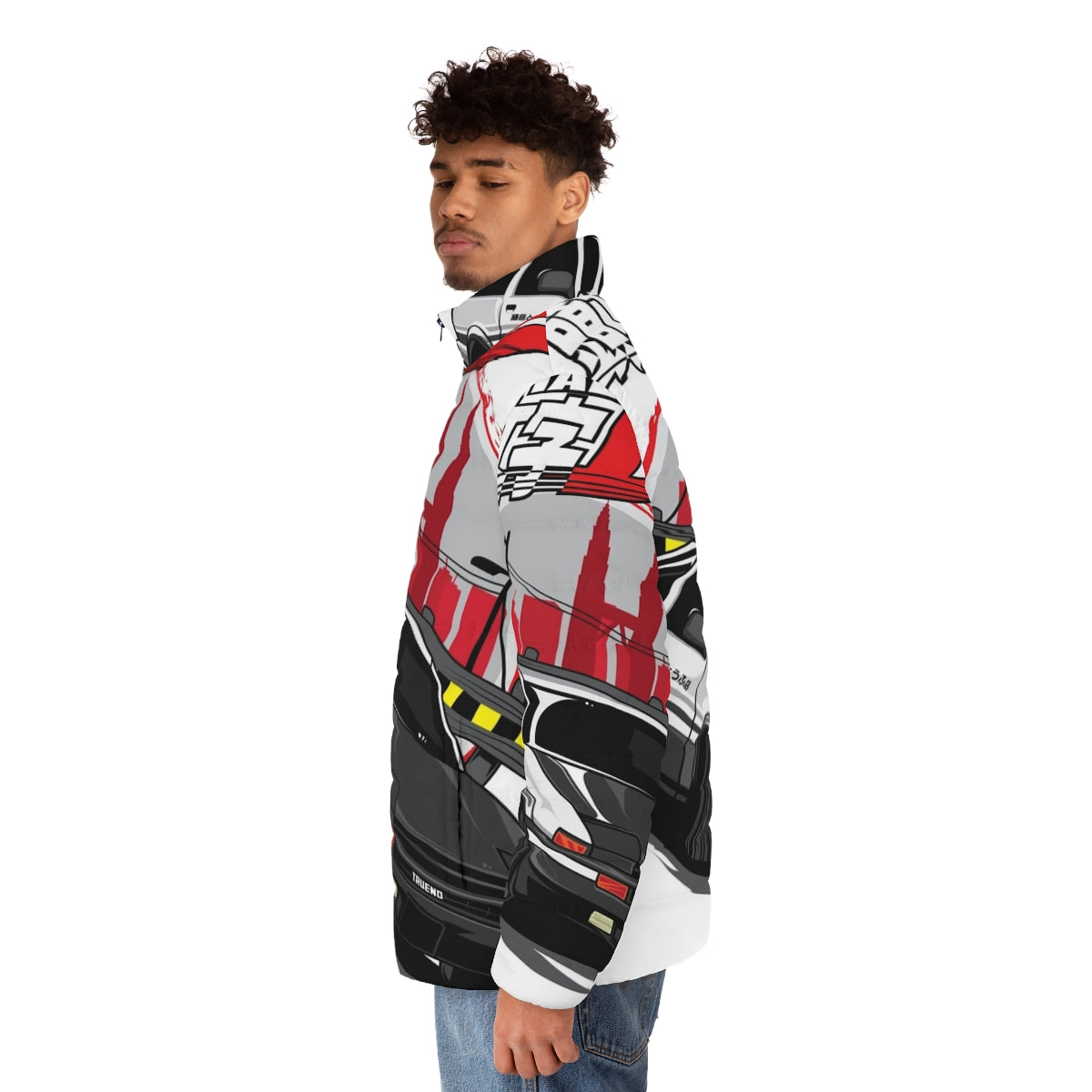 Initial D Puffer Jacket featuring the legendary Toyota Corolla AE86 "Hachi-Roku" - men side left