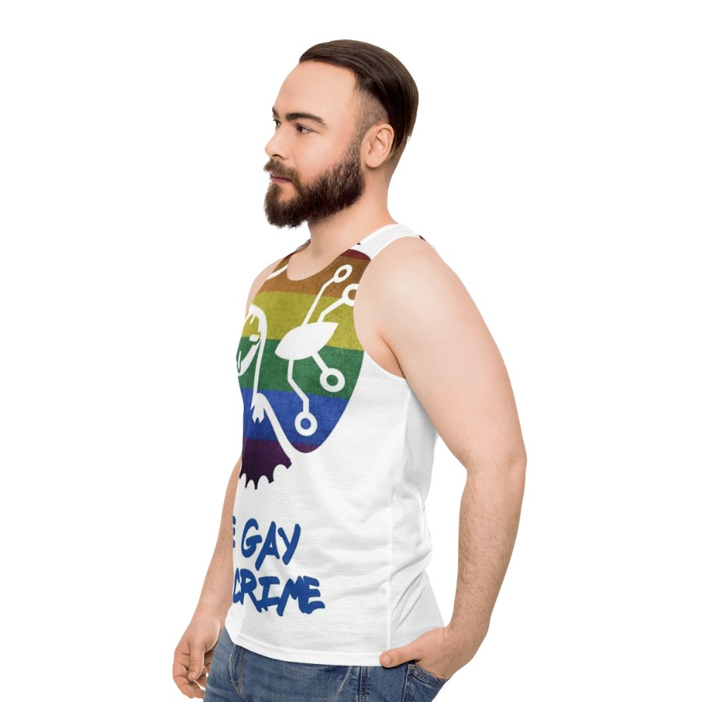 Unisex tank top with "Be Gay Do Crime" graphic - men side