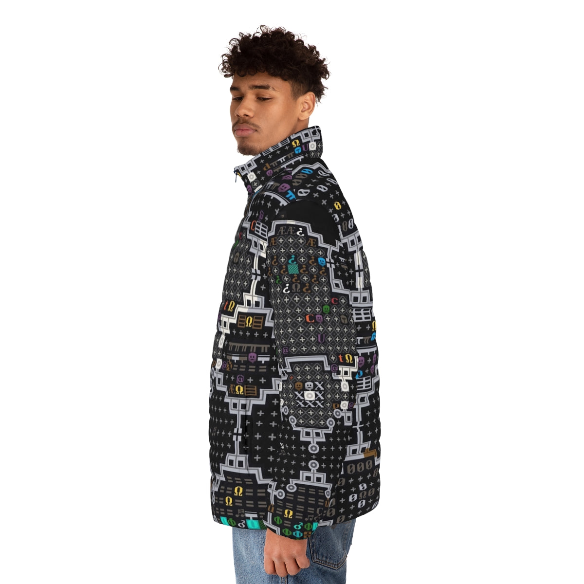 Dwarf Fortress inspired puffer jacket with retro pixel art tiles - men side left