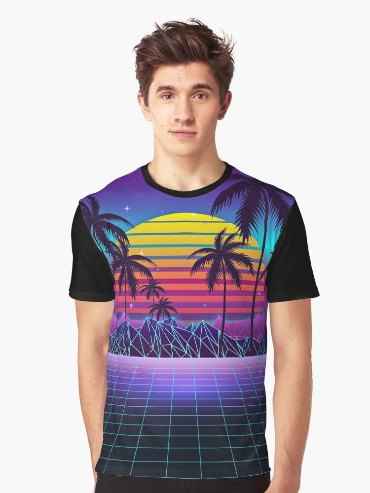 Radiant sunset synthwave graphic t-shirt with aesthetic retro and futuristic design - Men