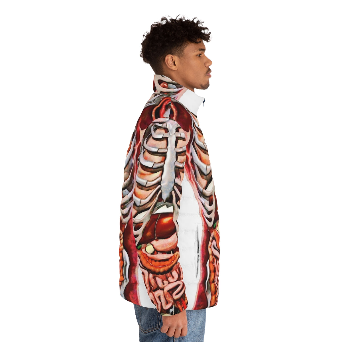 Puffer jacket with detailed print of human internal organs and skeleton anatomy - men side right