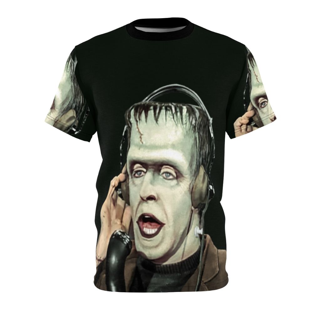 Vintage-style graphic tee featuring characters from the 1960s TV show The Munsters, including Herman Munster, at a radio