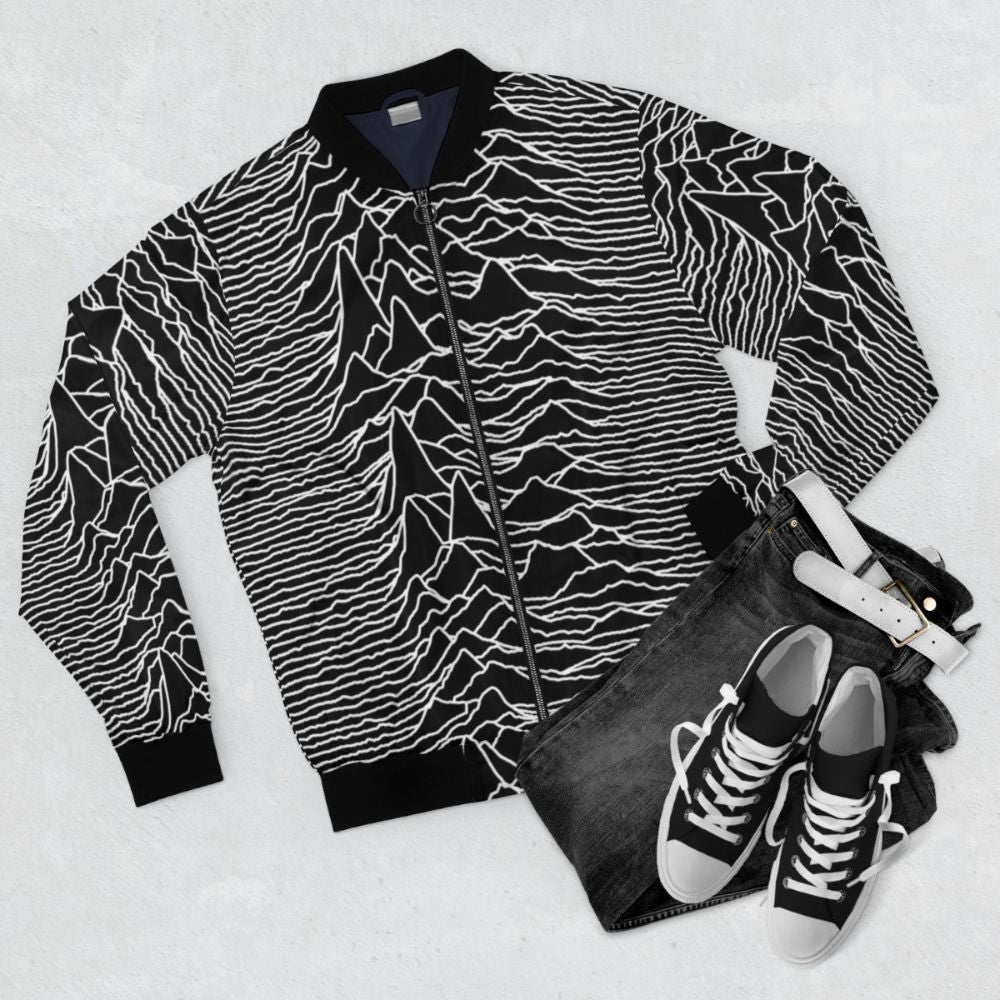 Joy Division "Unknown Pleasures" Abstract Art Bomber Jacket - Flat lay