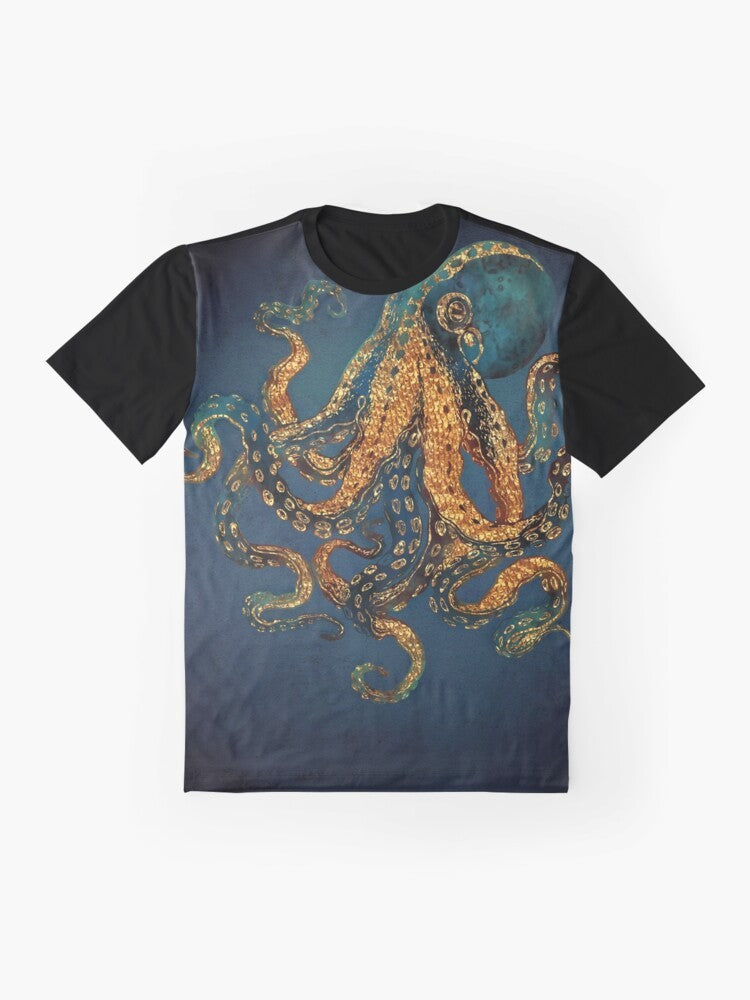 Underwater Dream Graphic T-Shirt featuring an abstract, watercolor-style octopus design in shades of blue, cobalt, navy, and aqua. - Flat lay