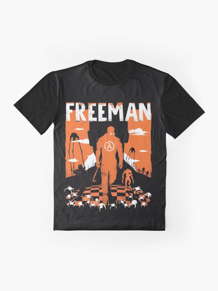 Vintage-style graphic t-shirt featuring the character Gordon Freeman from the Half Life video game series. - Flat lay