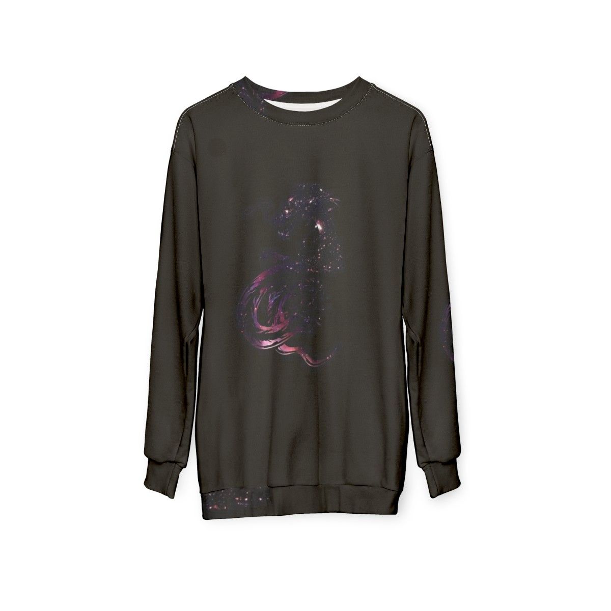 Cosmic dragon sweatshirt featuring a mythological creature design - hanging