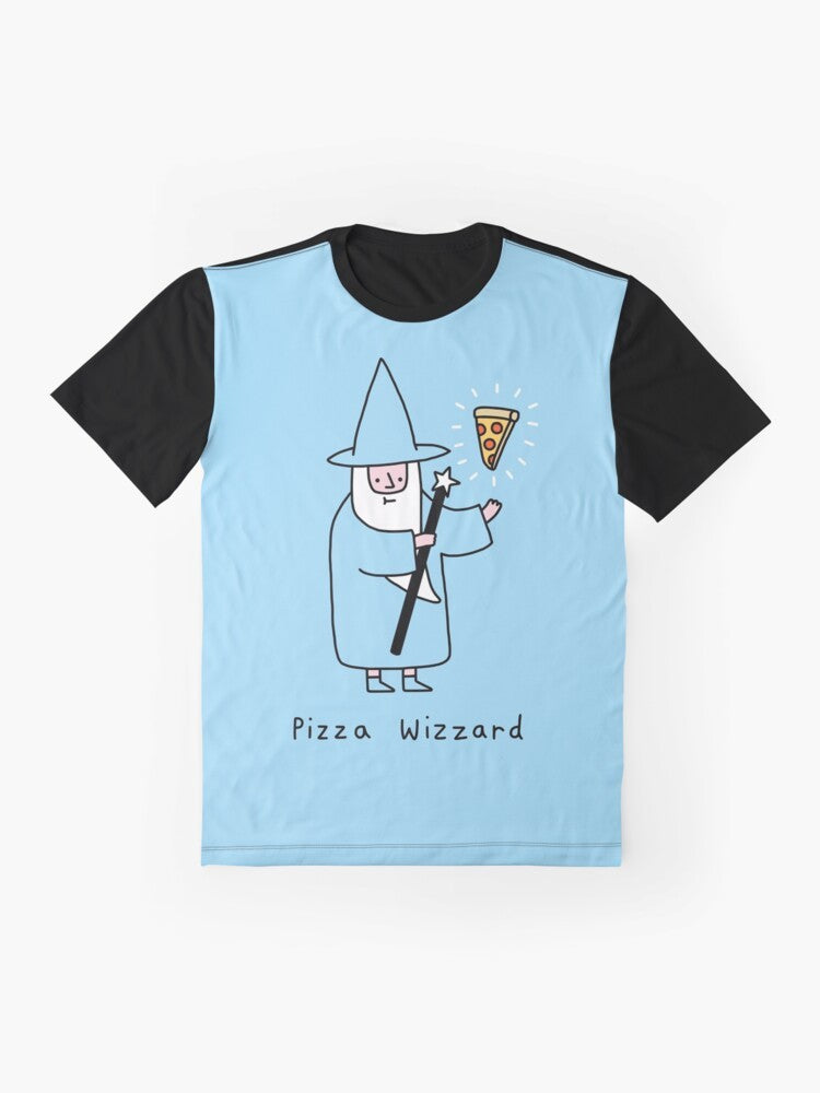 Pizza Wizard Graphic T-Shirt featuring a whimsical design of a wizard with pizza elements - Flat lay