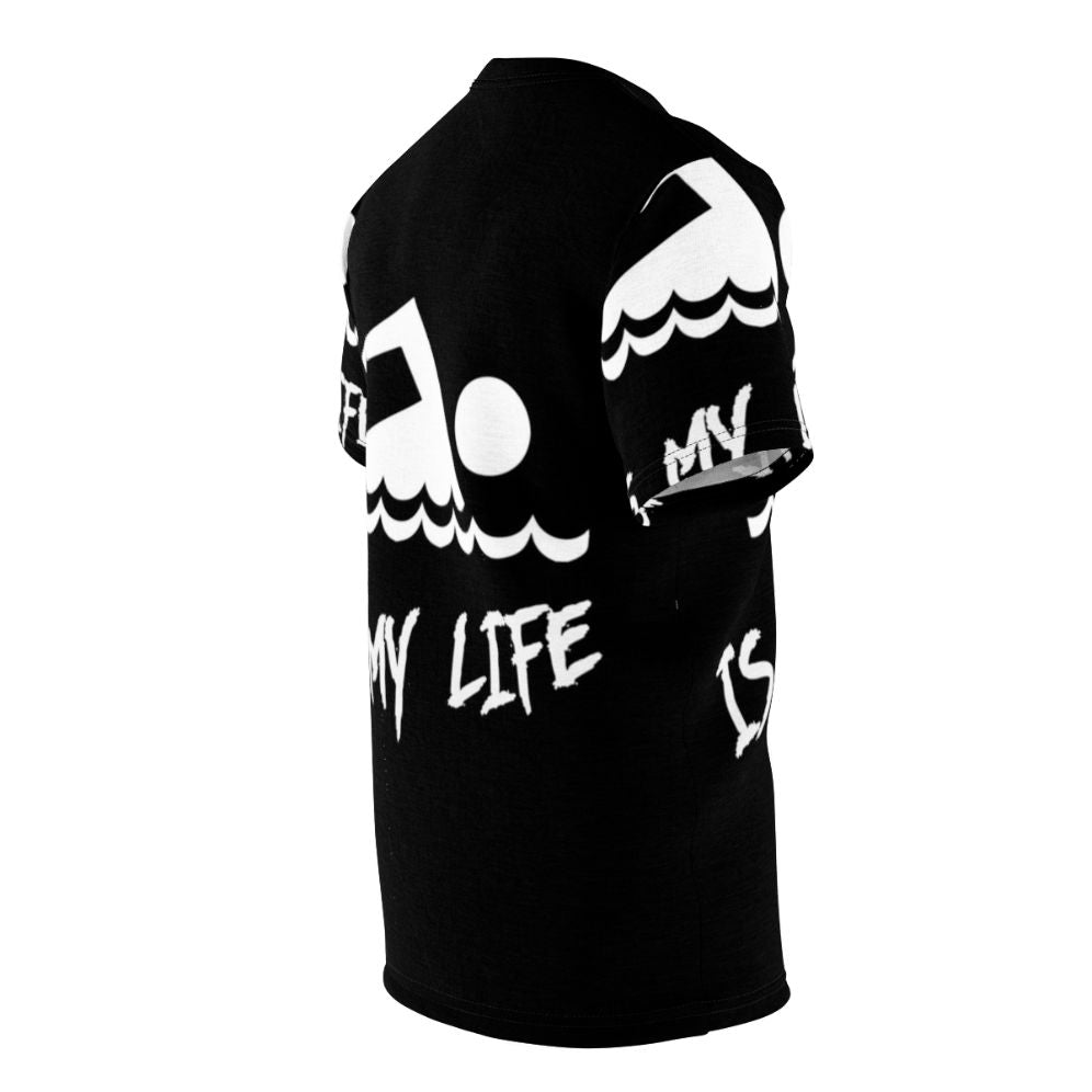 A person wearing a T-shirt with the design "Swimming Is My Life" - men right