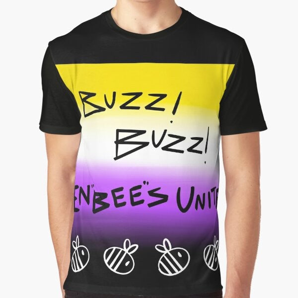 A graphic t-shirt featuring the text "EnBees Unite!" with a rainbow and bees, celebrating transgender and non-binary identities.