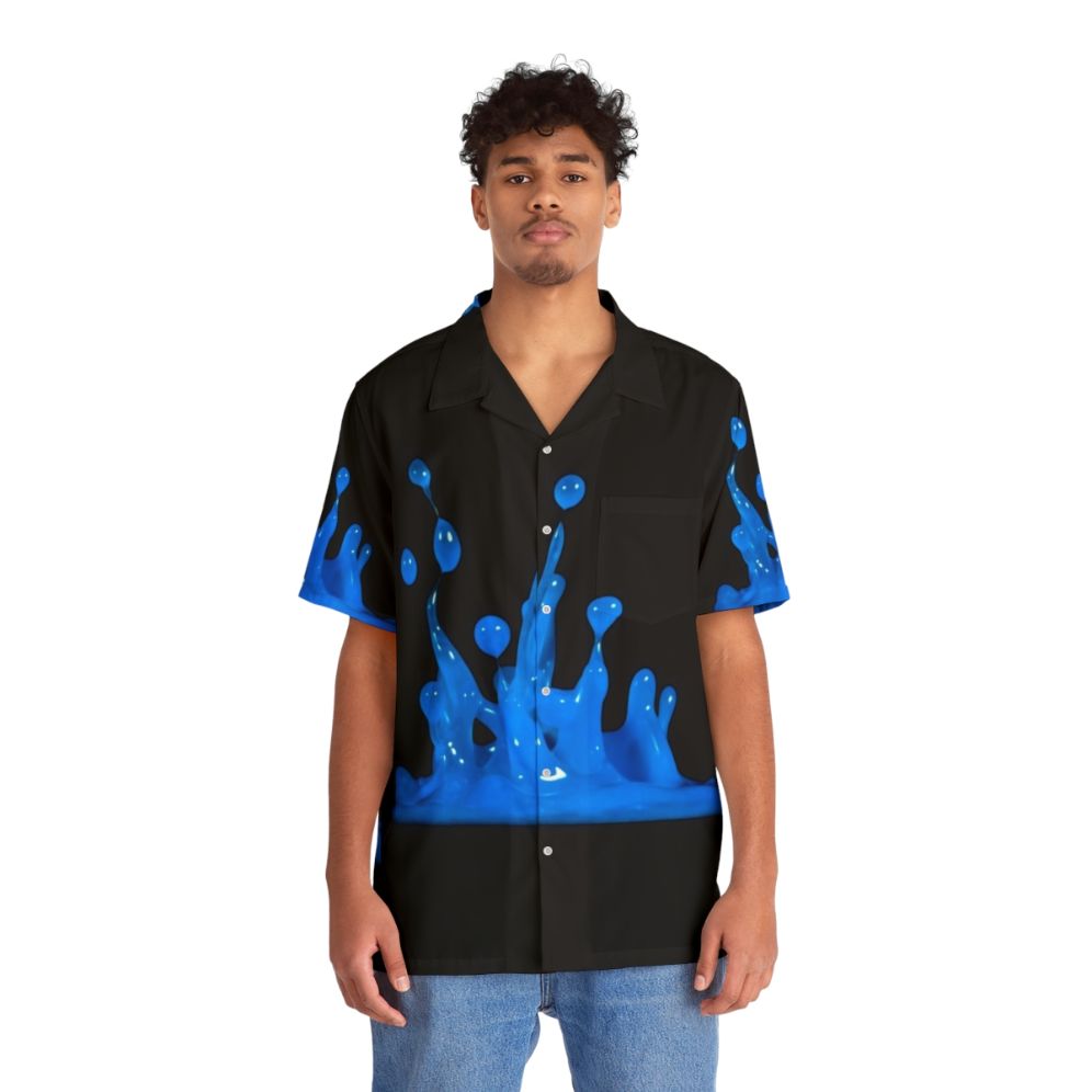 Blue Hawaiian shirt with abstract water splash design, perfect for team players - People Front