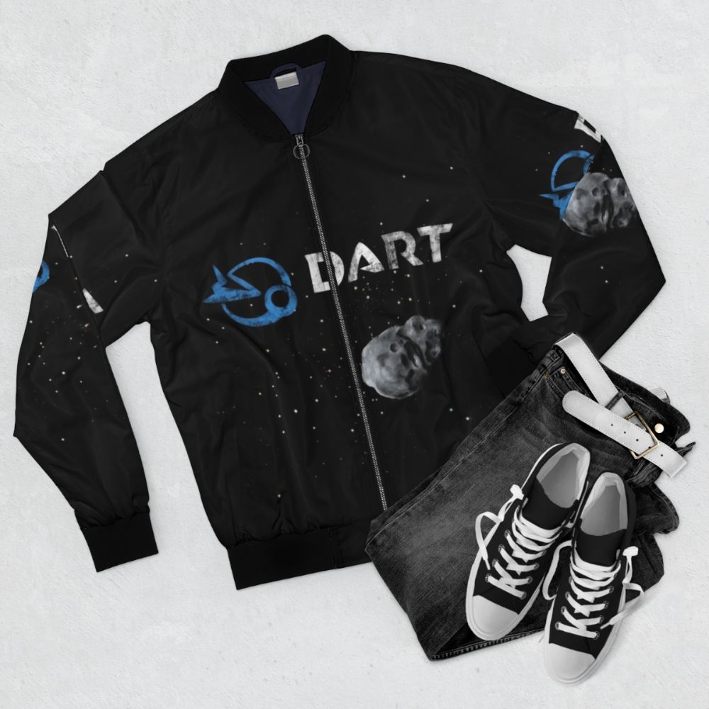 NASA DART Mission Astronaut Bomber Jacket with Illustration - Flat lay