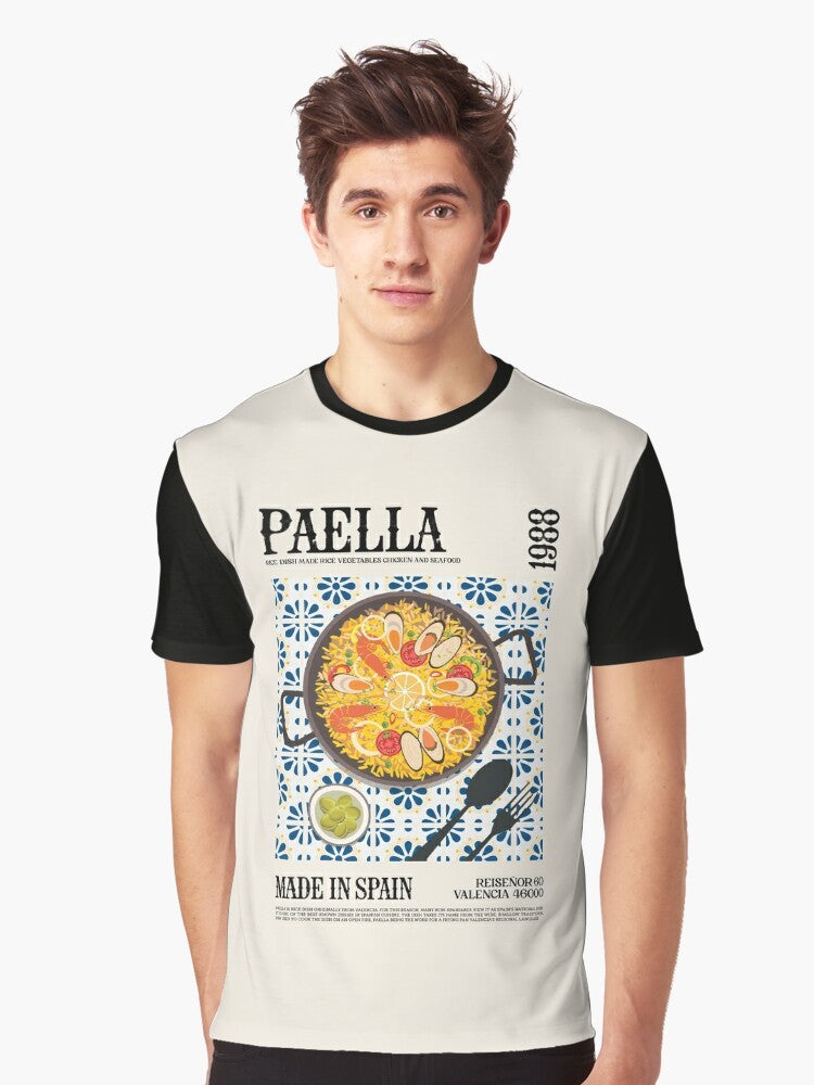 Colorful graphic t-shirt featuring a vibrant paella dish design - Men