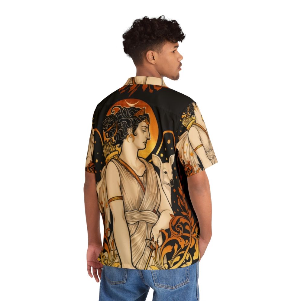 Artemis Hawaiian Shirt featuring a Greek goddess design - Flat lay