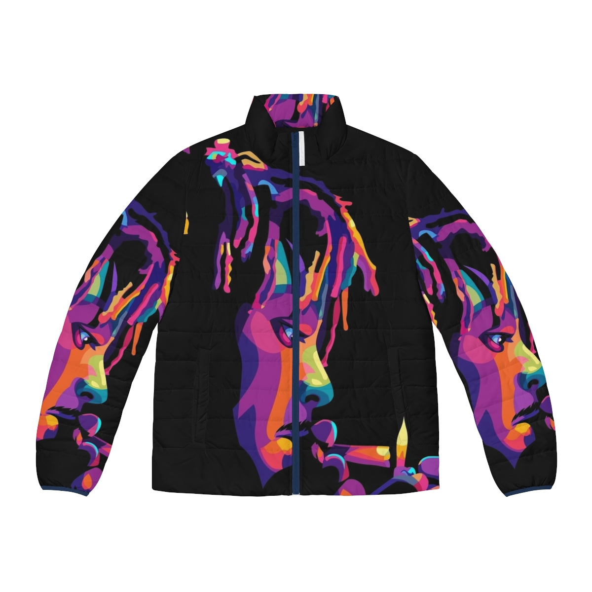 999 Legend Never Die Puffer Jacket with colorful music-inspired design