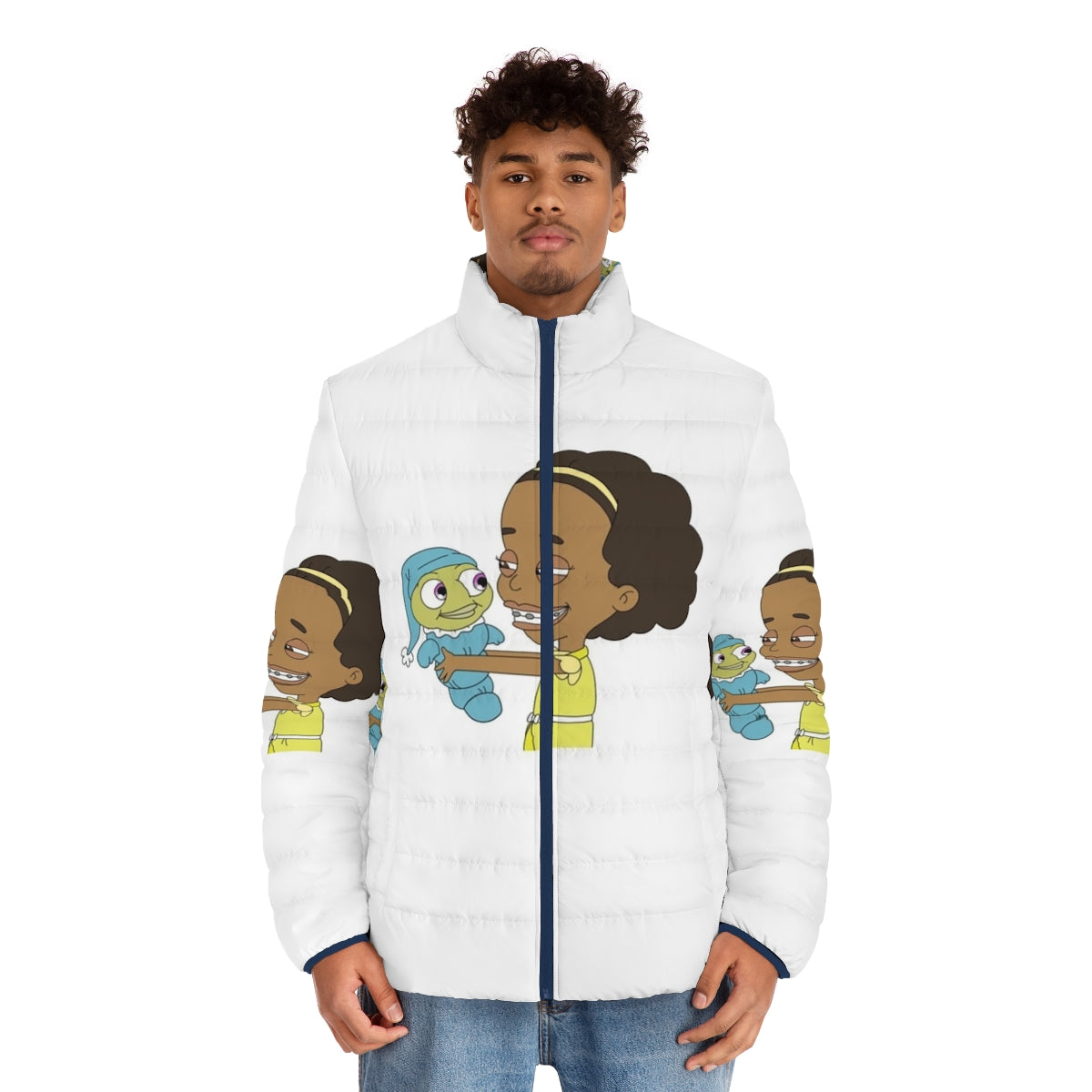 Big Mouth Puffer Jacket featuring the characters Missy and Mr Wiggles from the Netflix series Big Mouth - men front