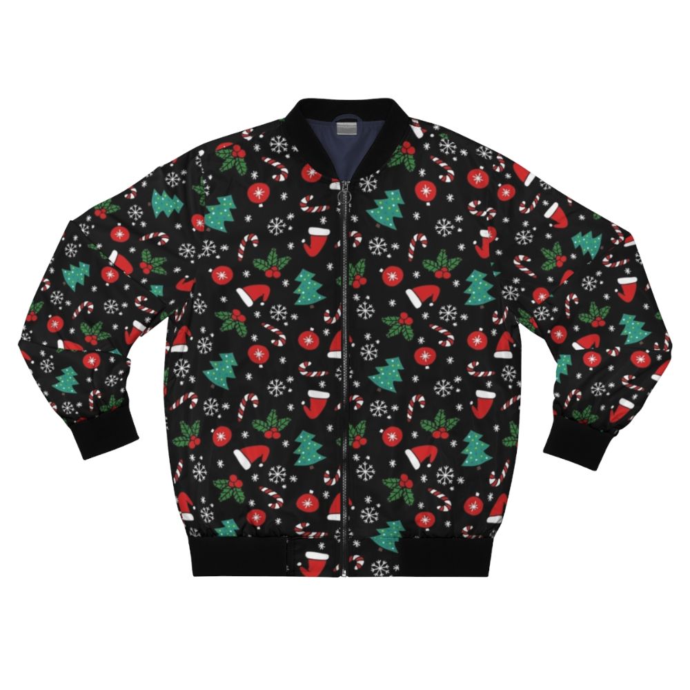 A cozy and stylish Christmas bomber jacket featuring a festive pattern with flowers, music notes, trees, and snowflakes.