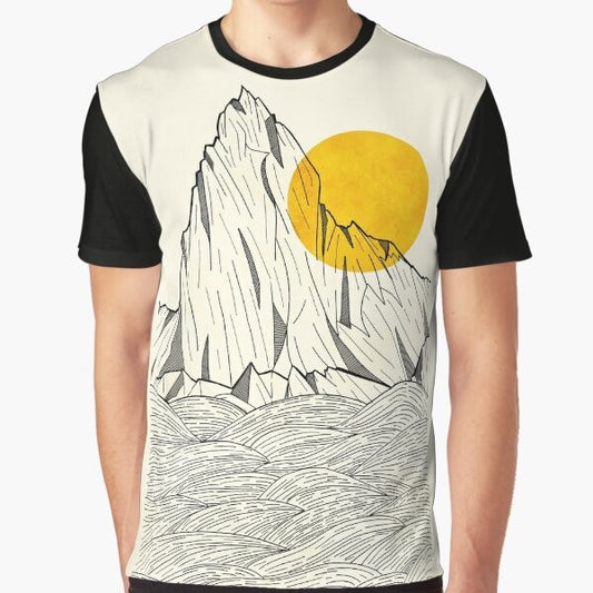 Graphic t-shirt featuring a minimalist design of a sea cliff with the sun in the background.