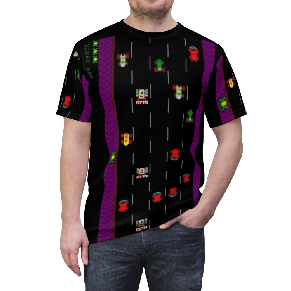 Retro gaming inspired Frogger t-shirt with a vintage pattern design - men front