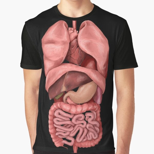 Graphic t-shirt featuring a watercolor-style illustration of the human internal organs, including the heart, lungs, digestive system, and lymphatic system.