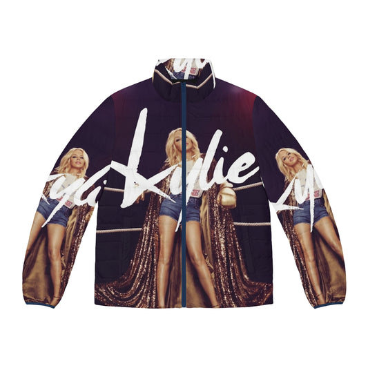 Woman wearing Kylie Minogue boxing-inspired puffer jacket