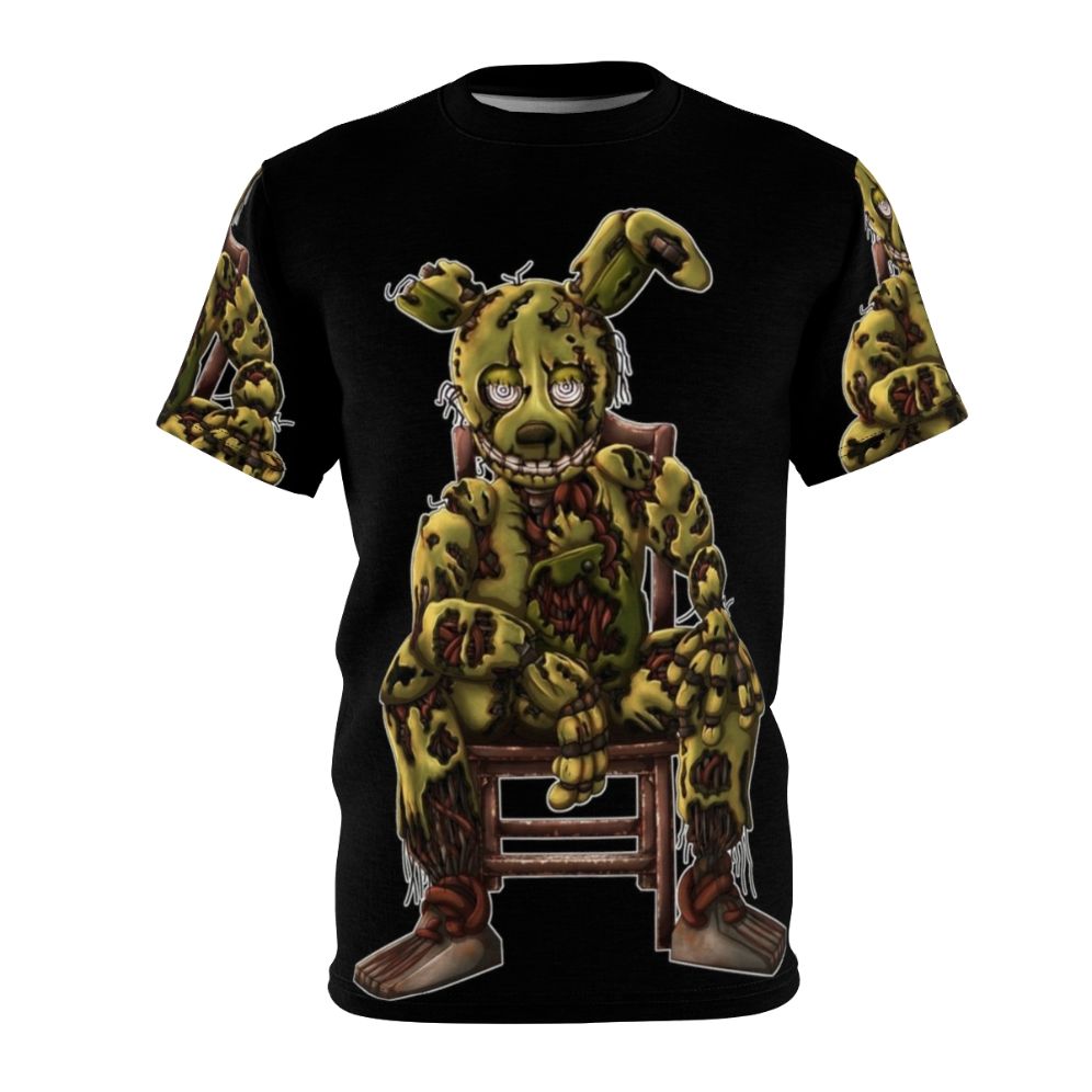 Springtrap, a character from the Five Nights at Freddy's game series, sitting in a chair with a white outline design on a t-shirt.