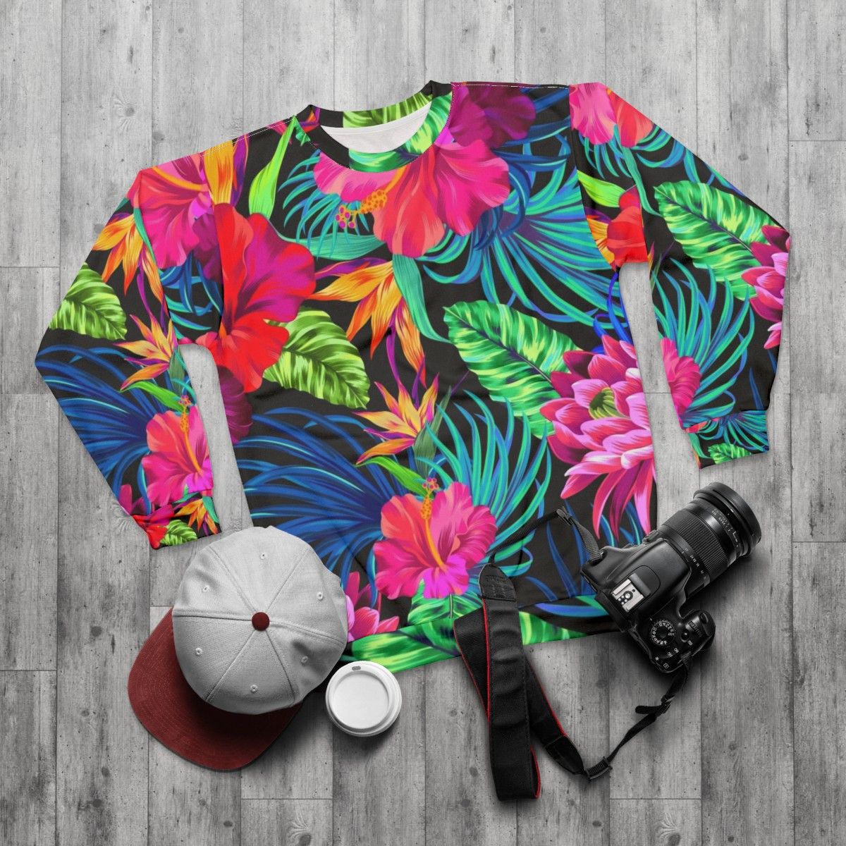 Tropical hibiscus floral pattern sweatshirt - flat lay