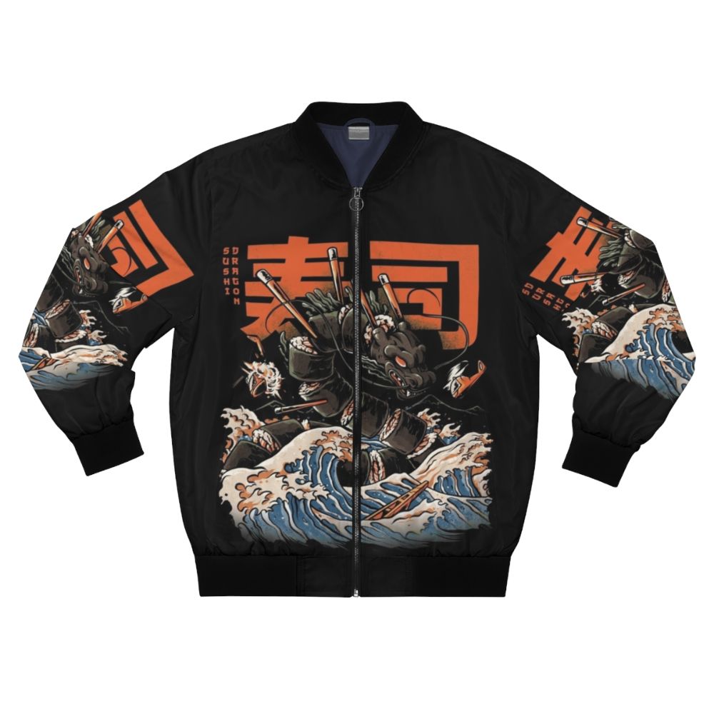 Anime-inspired dragon and sushi design on a black bomber jacket