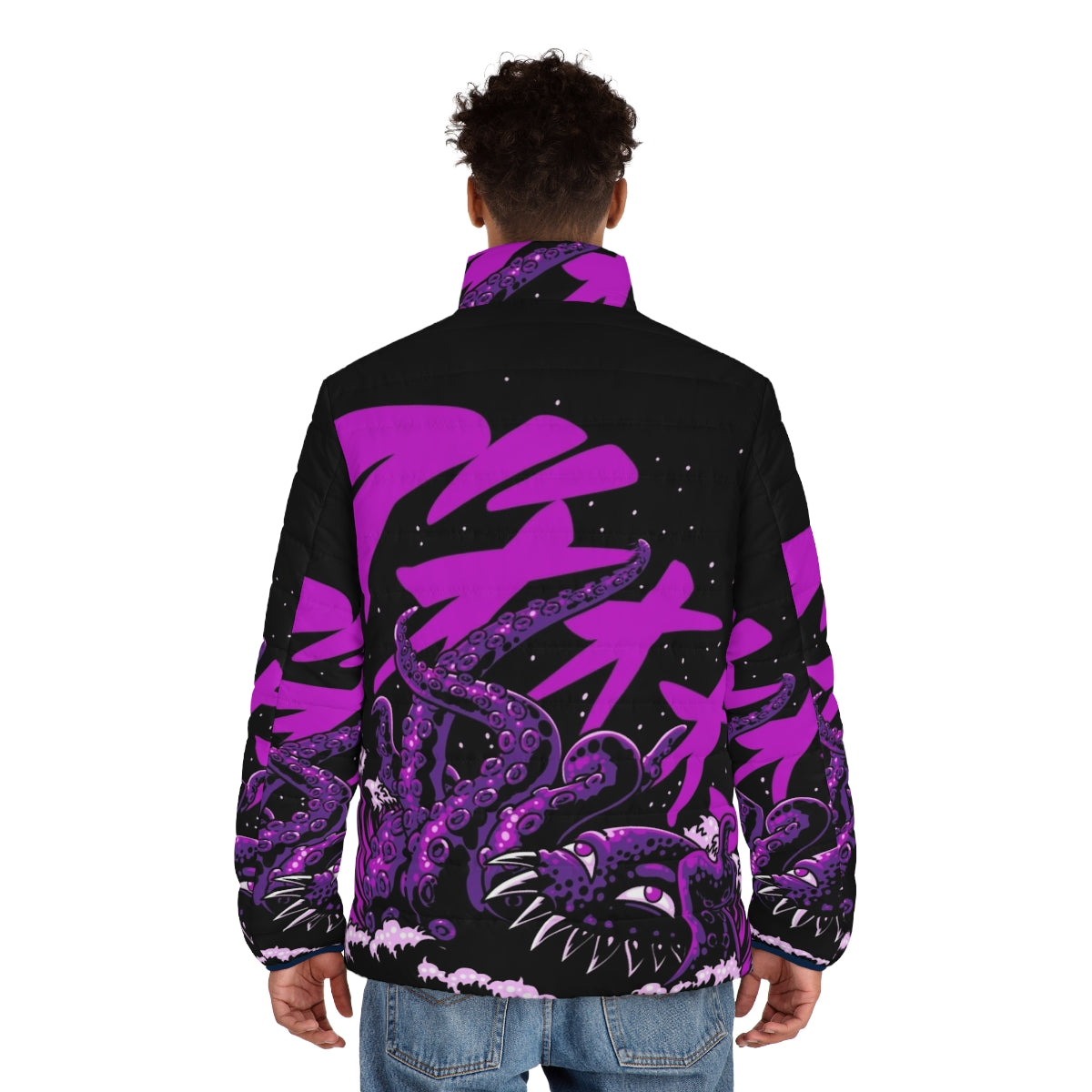 A vibrant puffer jacket featuring a giant octopus or sea monster design, perfect for retro gaming and anime fans. - men back