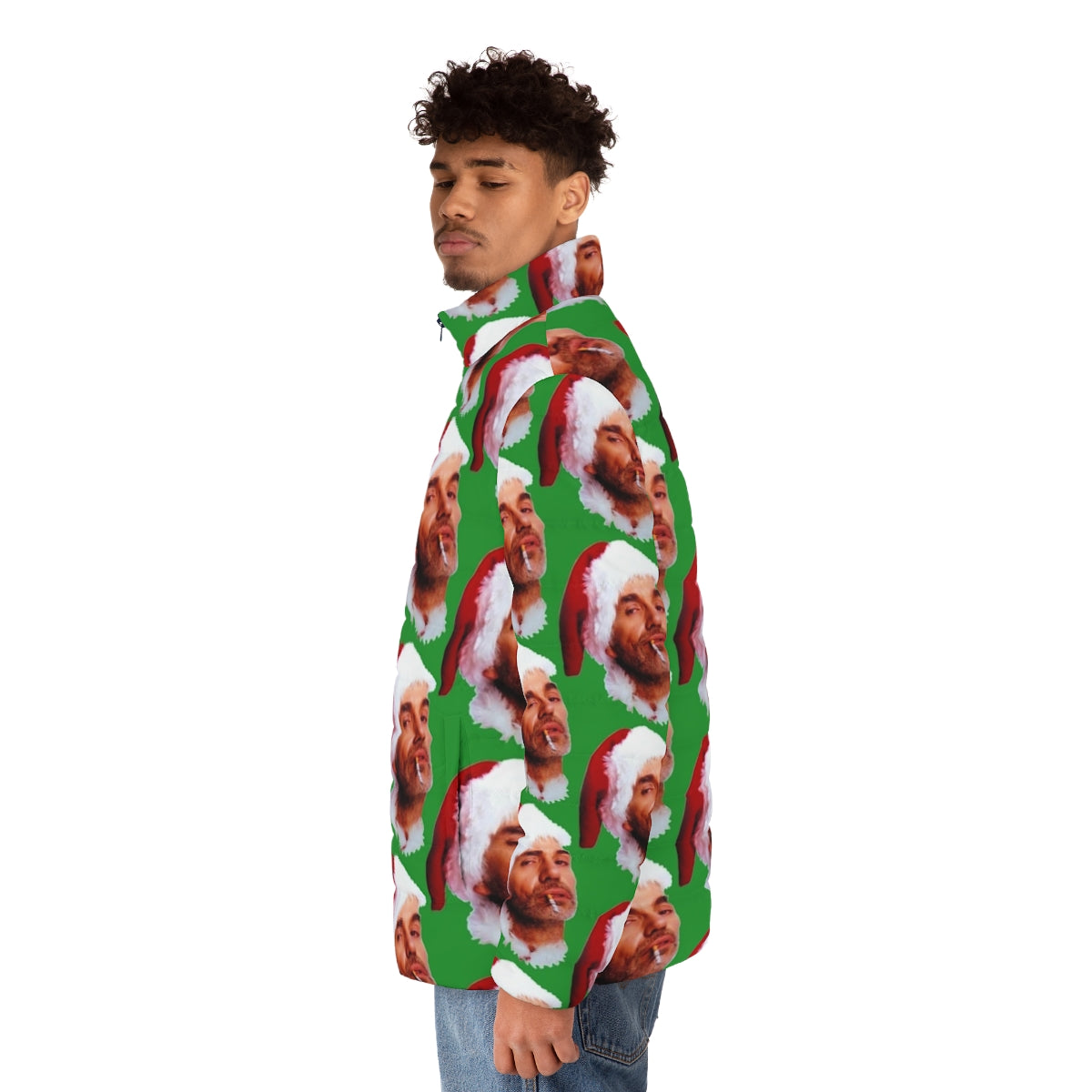 Bad Santa smoking a cigarette wearing a festive puffer jacket - men side left