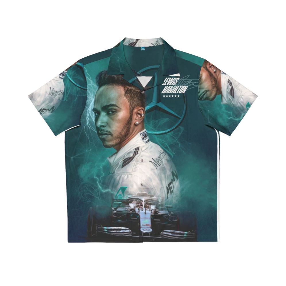 Lewis Hamilton wearing Formula 1 championship Hawaiian shirt