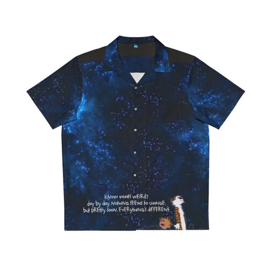 Calvin and Hobbes characters on a space-themed Hawaiian shirt