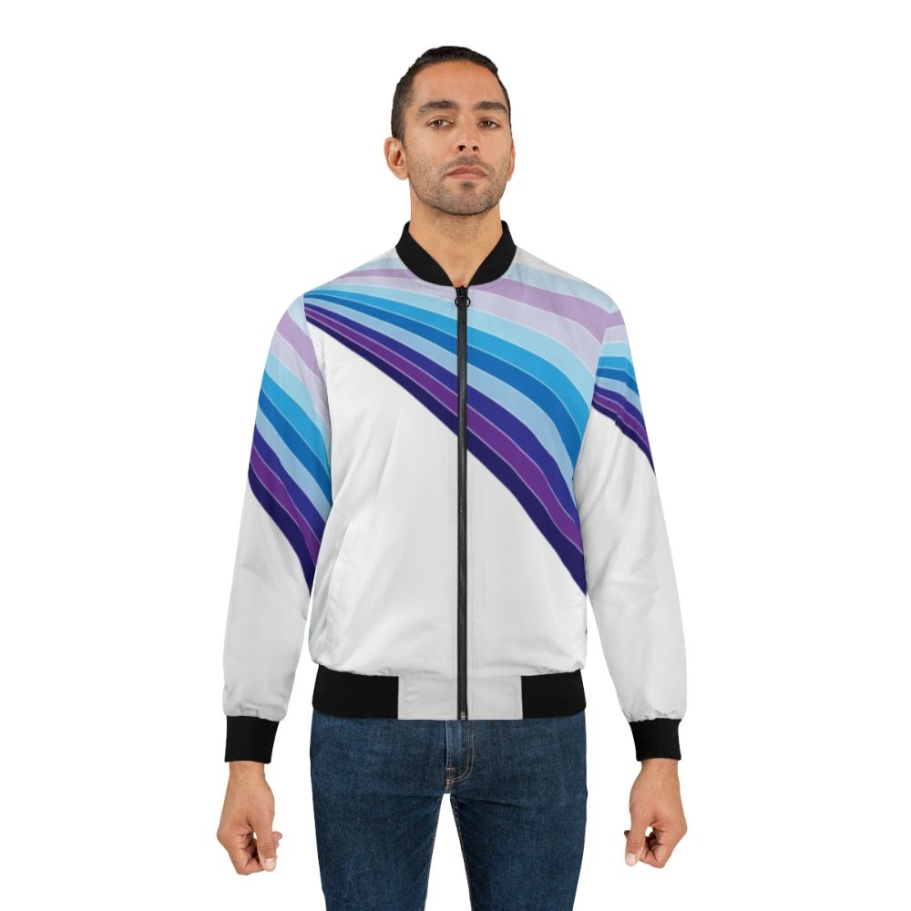 70s disco retro bomber jacket with colorful streaks of light pattern - Lifestyle