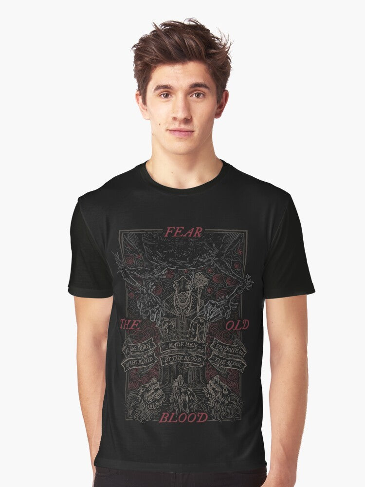 A vintage-style graphic t-shirt featuring the Bloodborne logo and Lovecraftian imagery of the "old blood". - Men