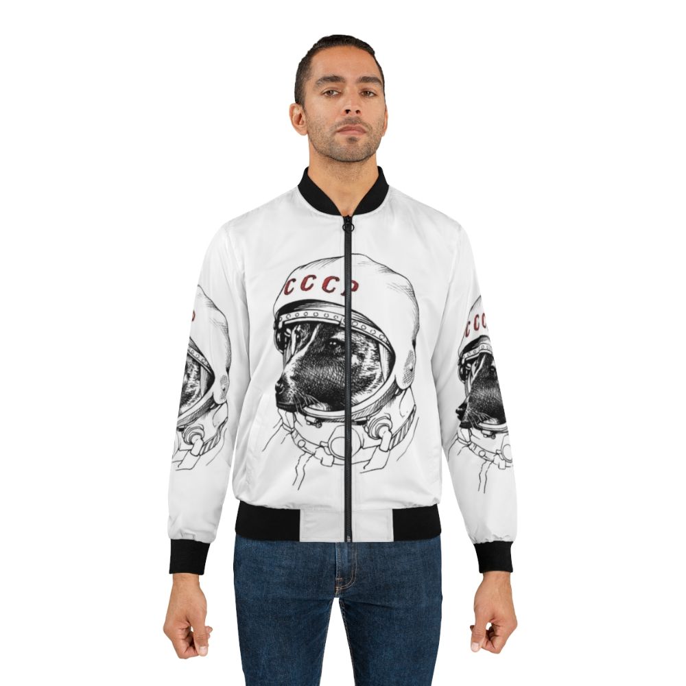 Space Traveler Bomber Jacket with a dog design, representing adventure and exploration. - Lifestyle