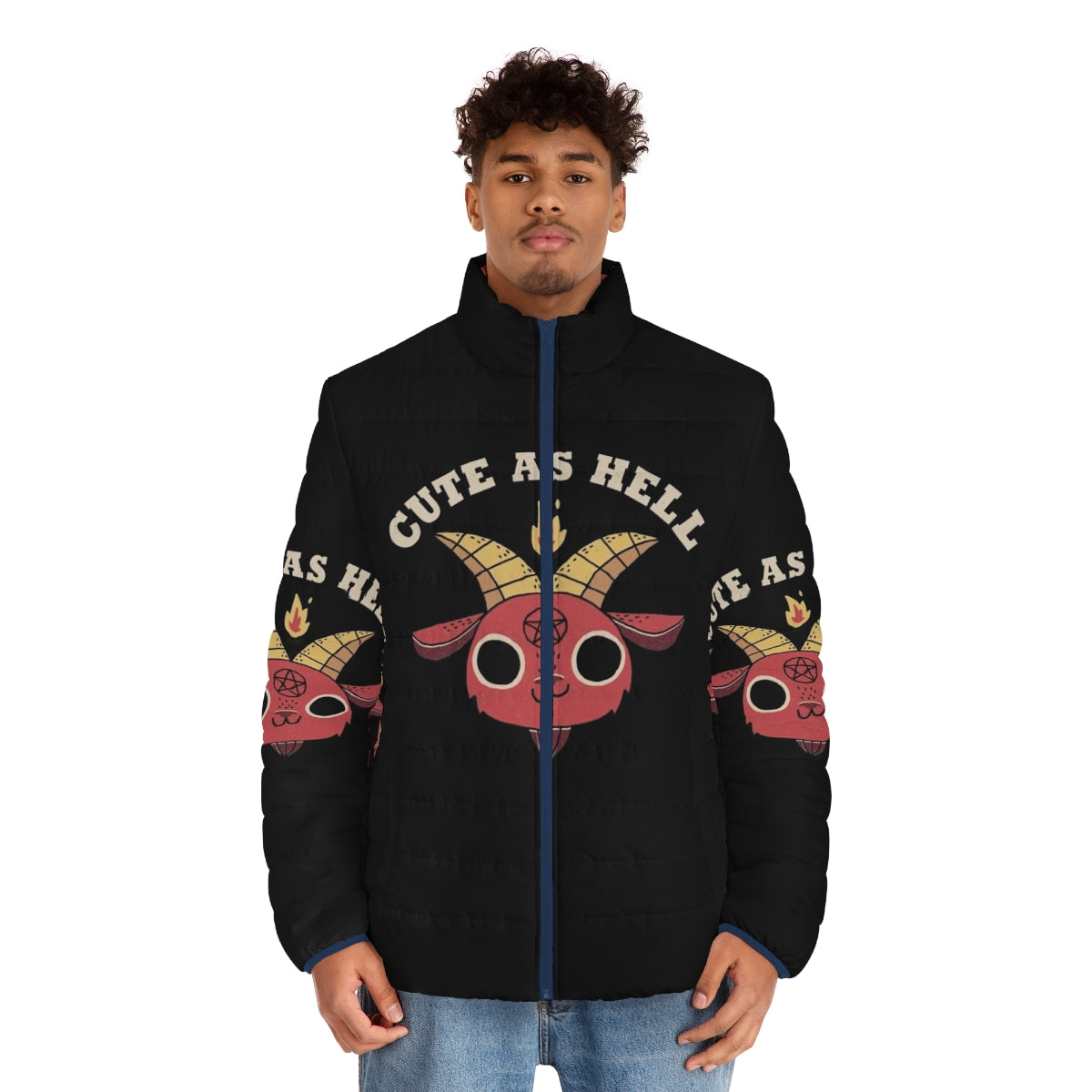 Retro-inspired puffer jacket with a cute devil/demon character design - men front