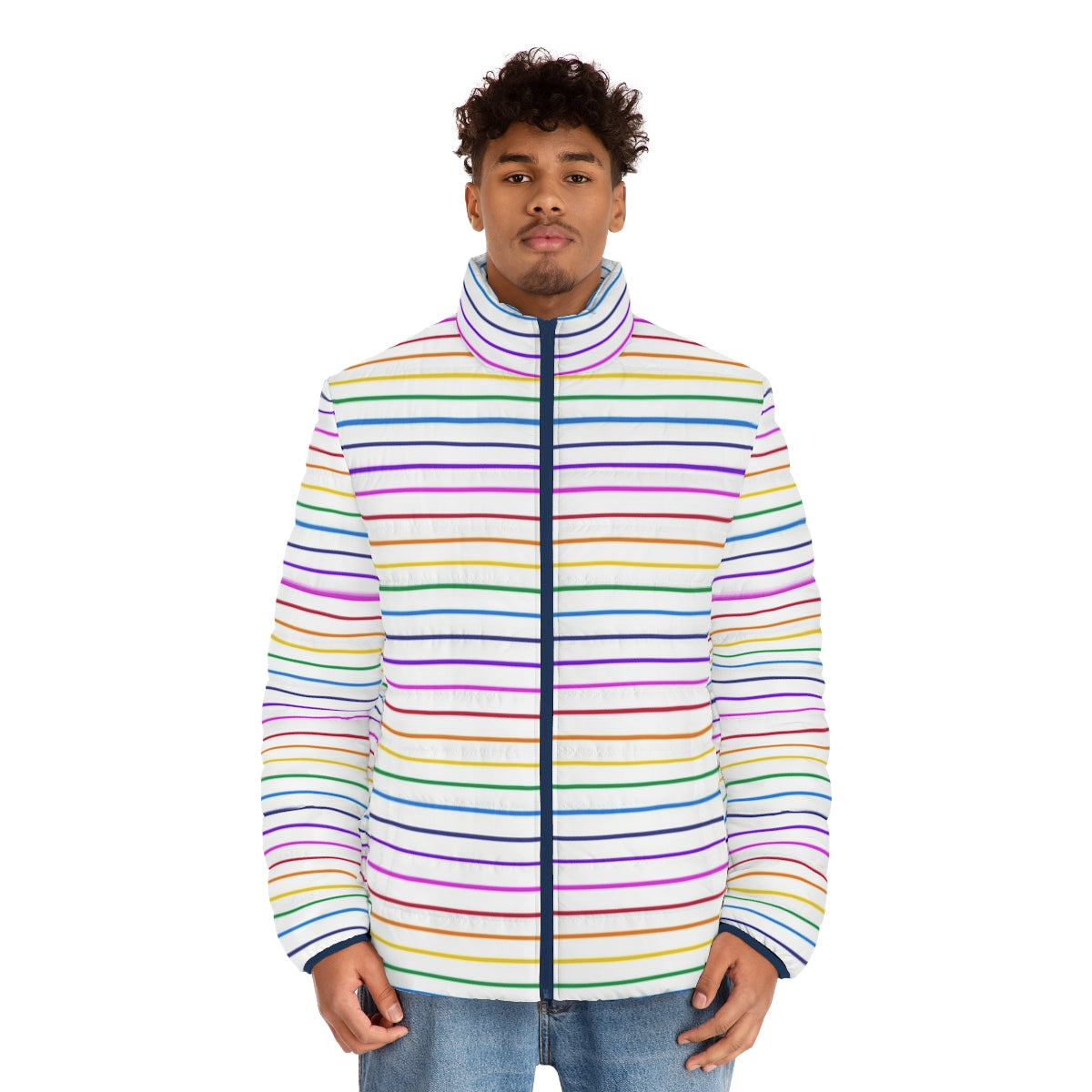 Colorful horizontal rainbow striped puffer jacket - men front