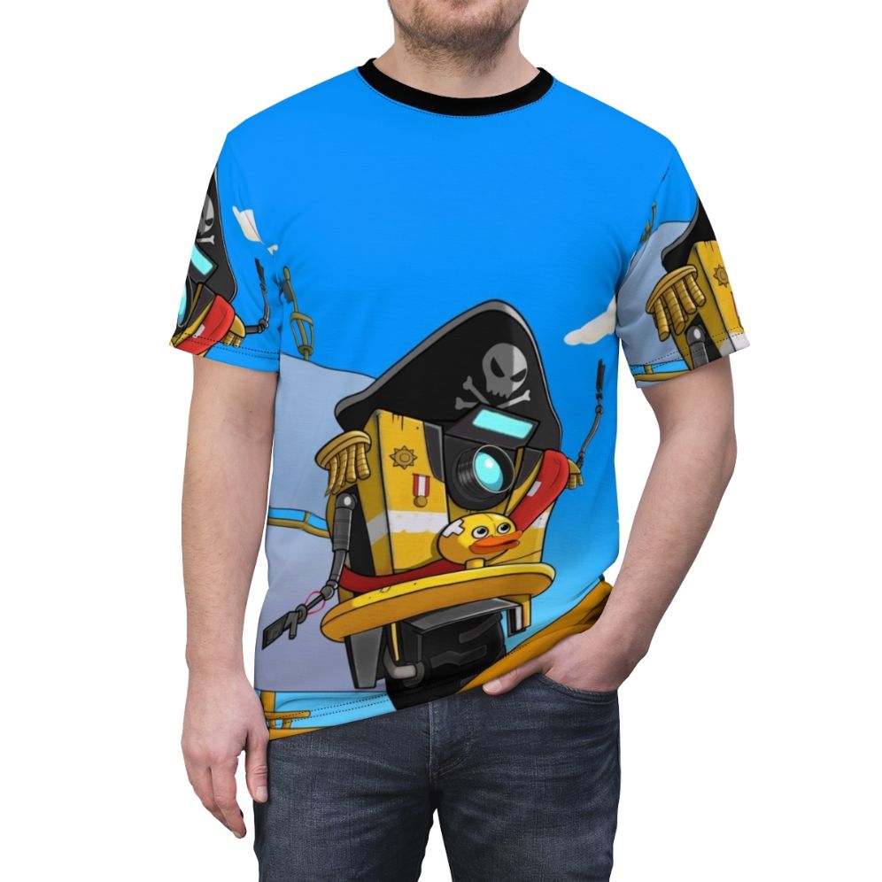 Ahoy Minion! Borderlands inspired graphic t-shirt featuring a claptrap pirate on a ship - men front