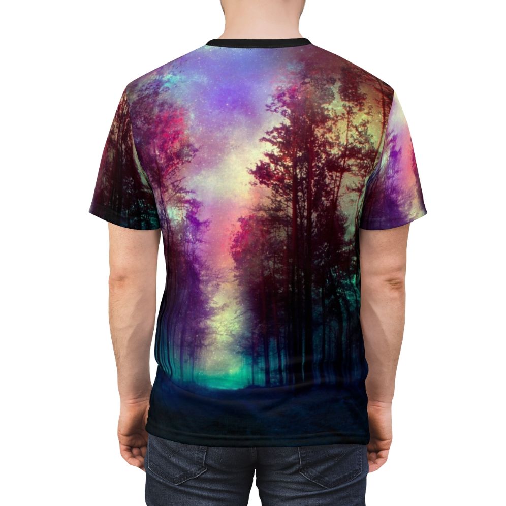 Enchanting forest landscape with stars, clouds, and magical elements on an all-over print t-shirt - men back