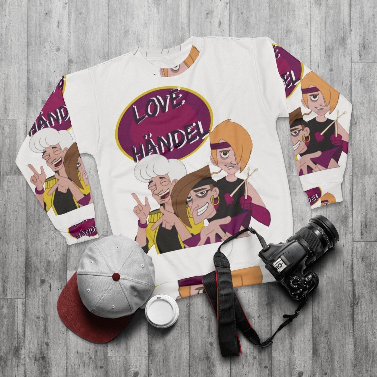 Love Handel Phineas and Ferb 80s Band Cartoon Sweatshirt - flat lay