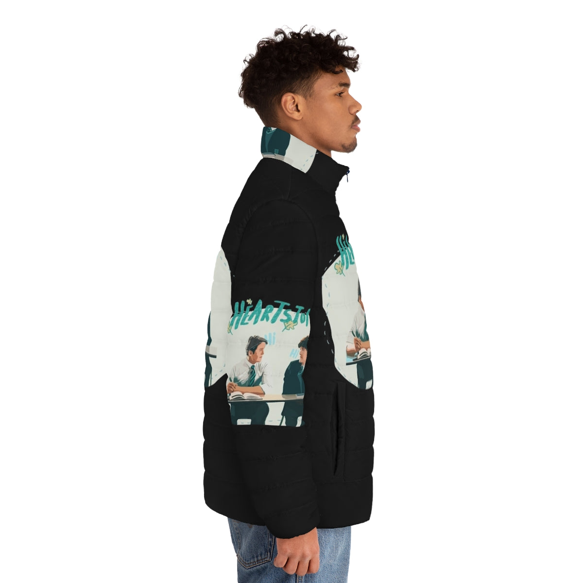 Heartstopper inspired puffer jacket with "Hi" design, perfect for fans of the popular LGBTQ+ Netflix series - men side right