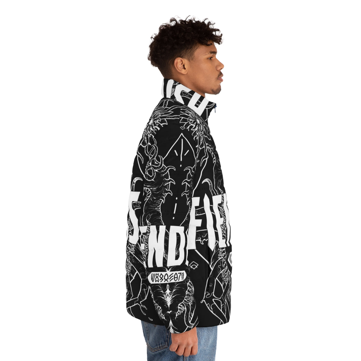 Fiendish Urgastij White Puffer Jacket featuring horror-inspired monster and geometric designs - men side right