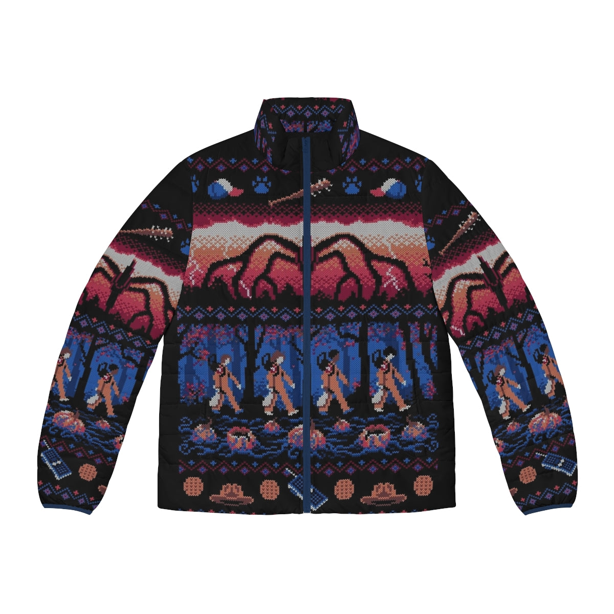 Stranger Things themed holiday puffer jacket with Mind Flayer design