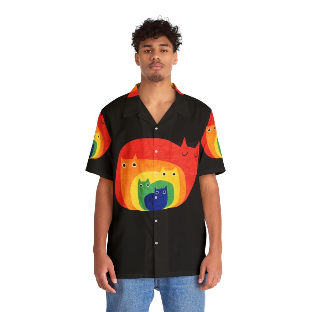 Colorful Hawaiian shirt with rainbow cats and LGBTQ pride design - People Front