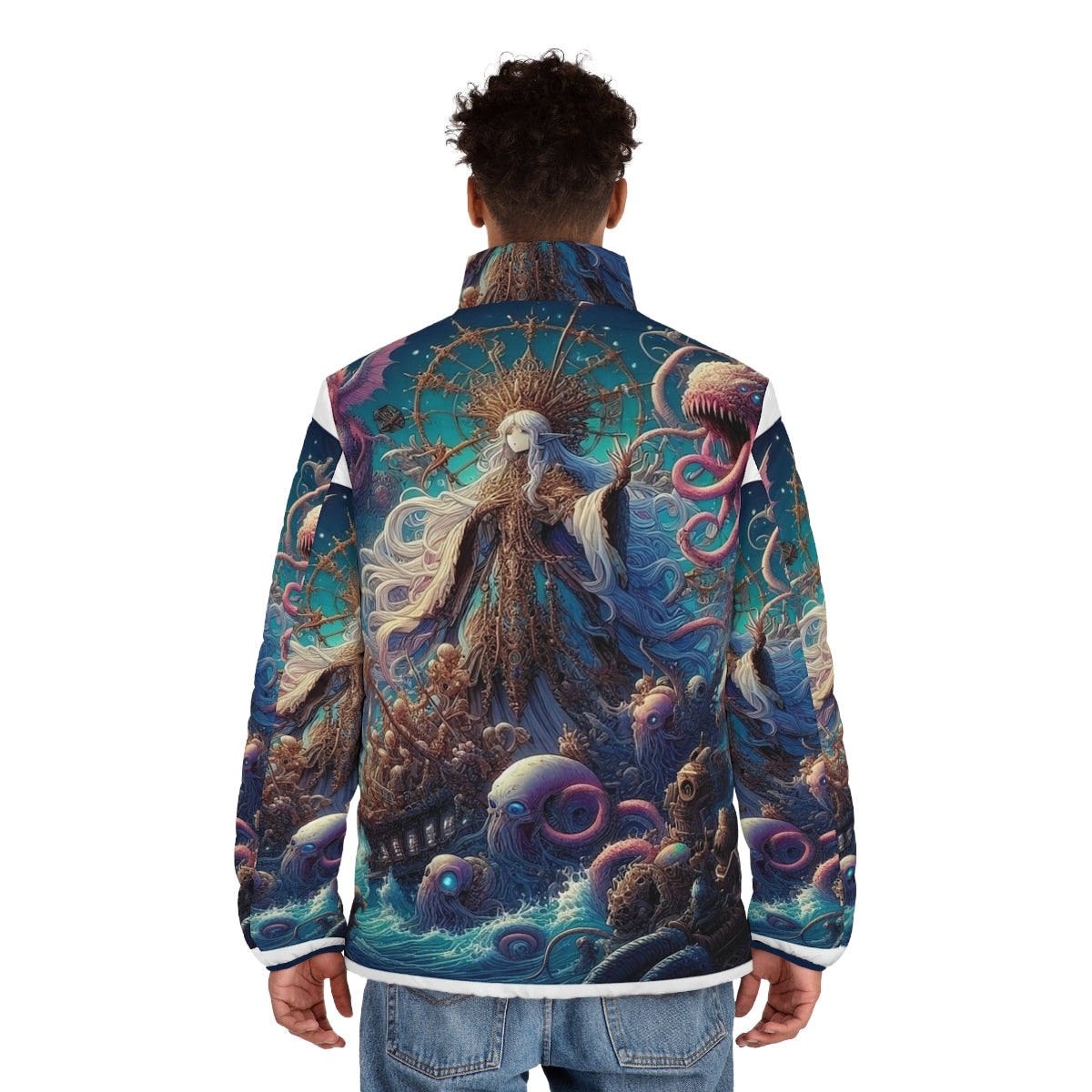 Anime puffer jacket featuring a beautiful anime girl design - men back