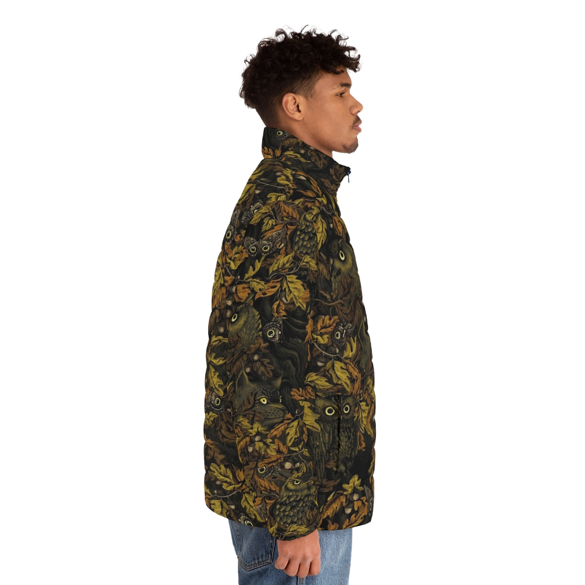 A stylish burnt sienna puffer jacket with a nature-inspired camouflage pattern, perfect for outdoor adventures. - men side right