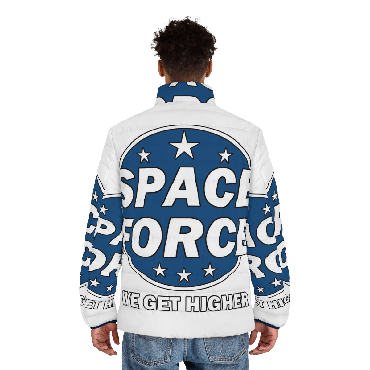 Space Force Puffer Jacket with "We Get Higher" quote from the Netflix series - men back