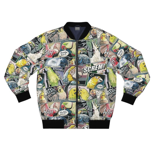 Comic-style illustration of a parrot on a bomber jacket