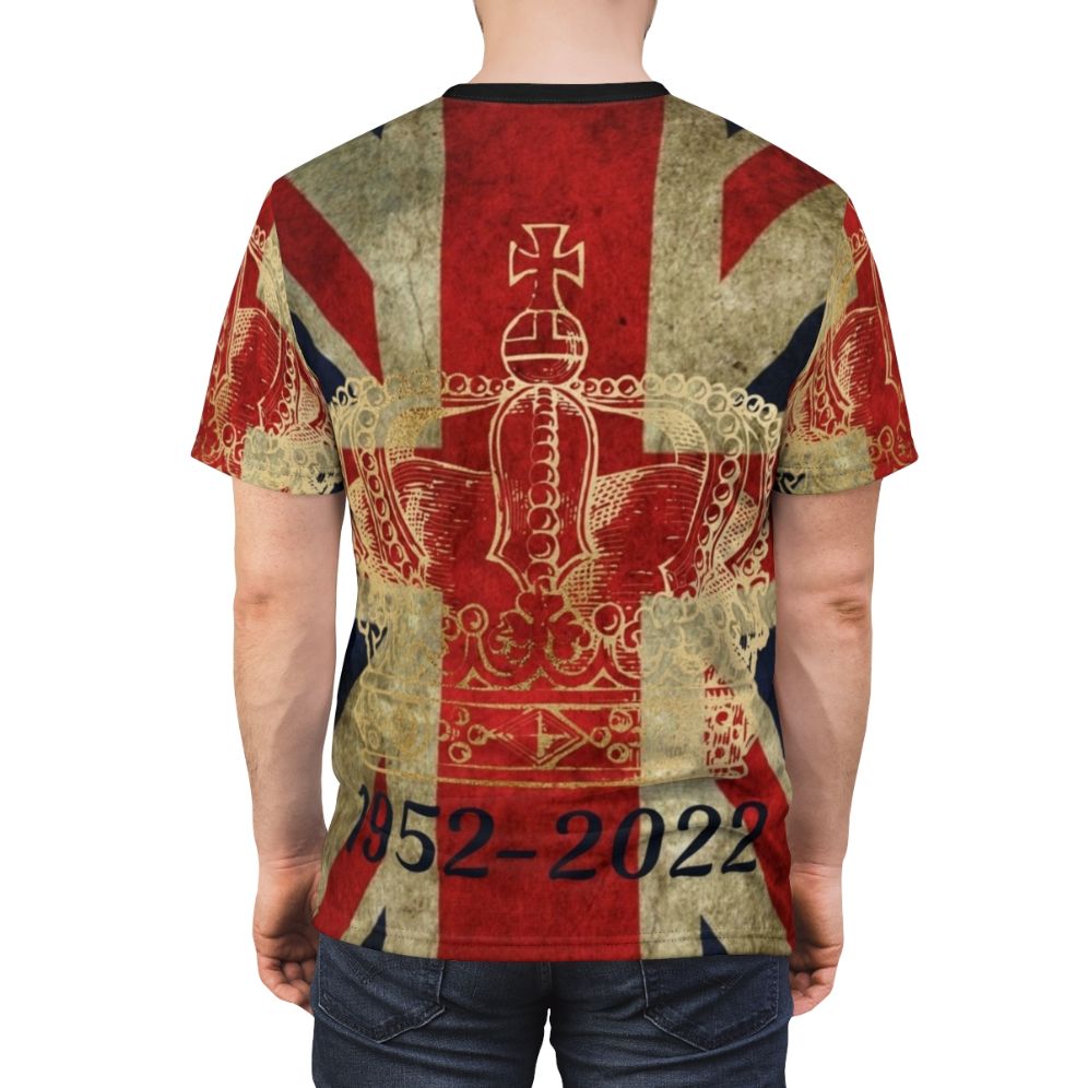 Custom t-shirt featuring a graphic design celebrating Queen Elizabeth II's Platinum Jubilee and 70 years as the monarch of the United Kingdom. - men back