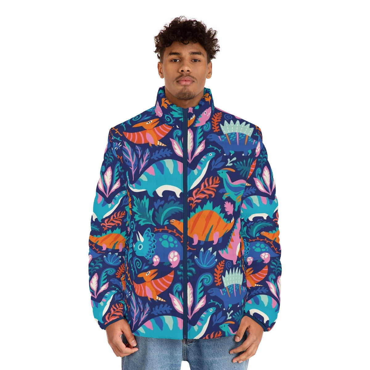 Dino Team 1 Puffer Jacket for children featuring a fun dinosaur graphic design - men front